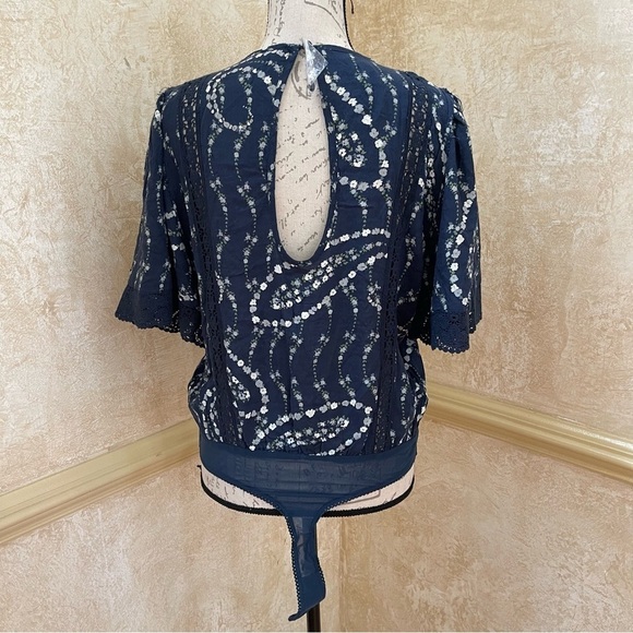 Free People Bali Tate Mixed Media Crochet Floral Printed Bodysuit Blue Sz S - Picture 6 of 14